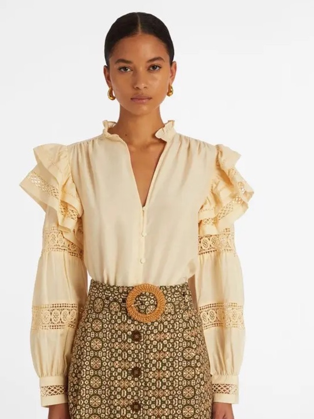 Marie Oliver Cream Ruffle & Lace Sleeve Blouse Size XS Cotton and Silk